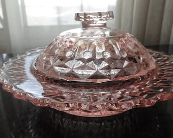 Art Deco 1930's Jeanette Pink Holiday Buttons & Bows Pattern Covered Butter Dish