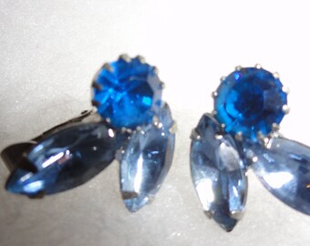 Aquamarine & Blue Sapphire Colored Rhinestone Marquis Shaped Earrings