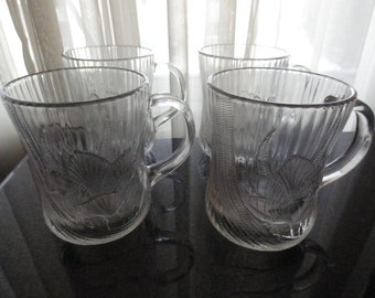 Vintage 1970's Arcoroc Canterbury France Textured Floral Design Set of 4 Glass Coffee Cup/Mugs