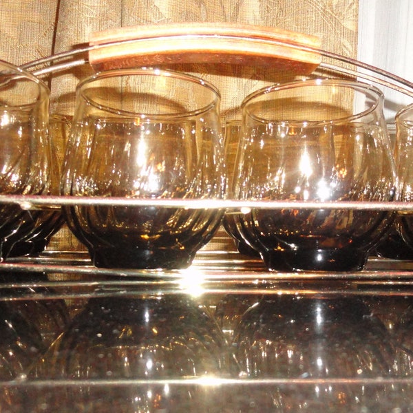 Mid Century Set of 8 Smoky Cocktail Roly Poly Glass Tumblers With A Wood Handled Gold Tone Metal Carrying Caddy