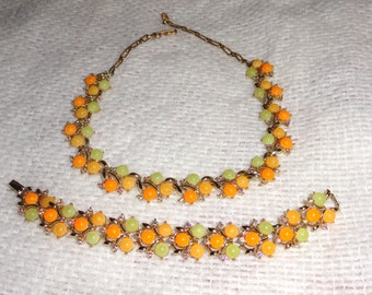 Mid Century 1960's Orange, Yellow, & Green Moonglow Thermoset Lucite and Clear Faceted Rhinestone Necklace with Matching Bracelet