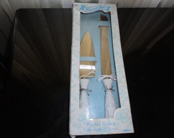 Vintage 1970's Forever True Porcelain Wedding Cake Knife & Server by Enesco In It's Original Box