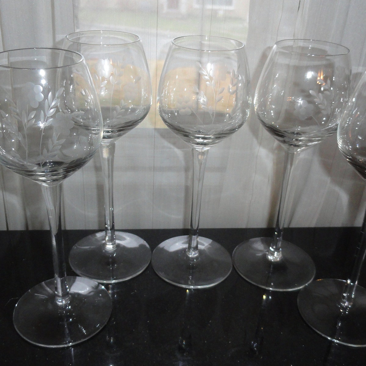 Vintage Set of 5 Crystal Etched Floral With Stems & Leaves Stemmed Wine Goblet Glass - Etsy
