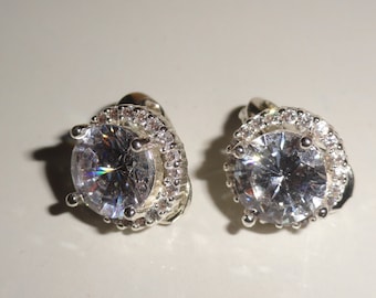 Vintage 1980's TJC Sterling Silver Cubic Zirconia Clip On Earrings