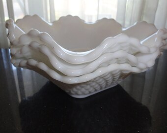Mid Century Set of 3 Hazel Atlas Opaque White Milk Glass Diamond Quilt Square Early American Style Ruffled 6" Candy Dish Bowls
