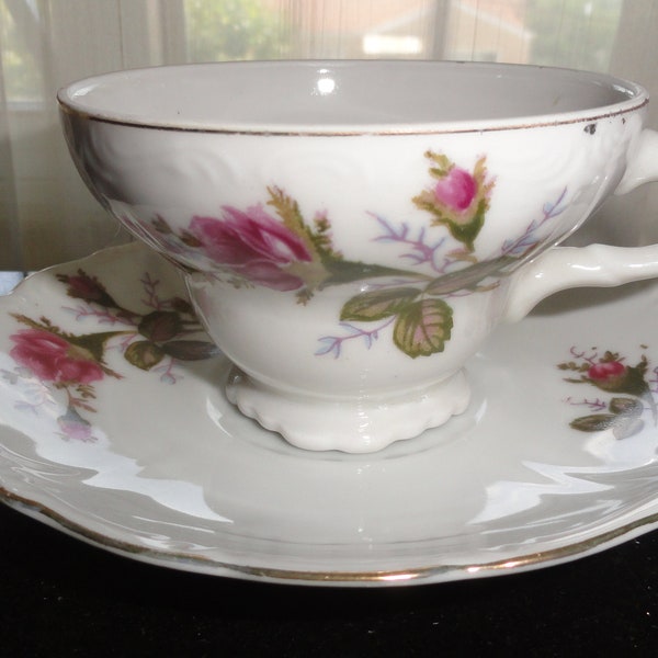 Mid Century 1960's Made In Japan Rose Moss Porcelain Pedestal Demitasse Teacup & Saucer