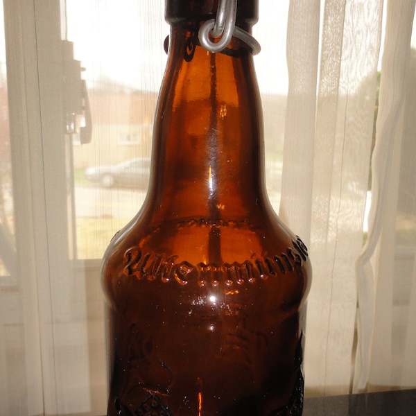 Vintage 1980's Das Altenmὓnster Brauer Bier Dark Brown Glass German Beer Bottle With Porcelain Metal Bails Rubber Stopper Cap