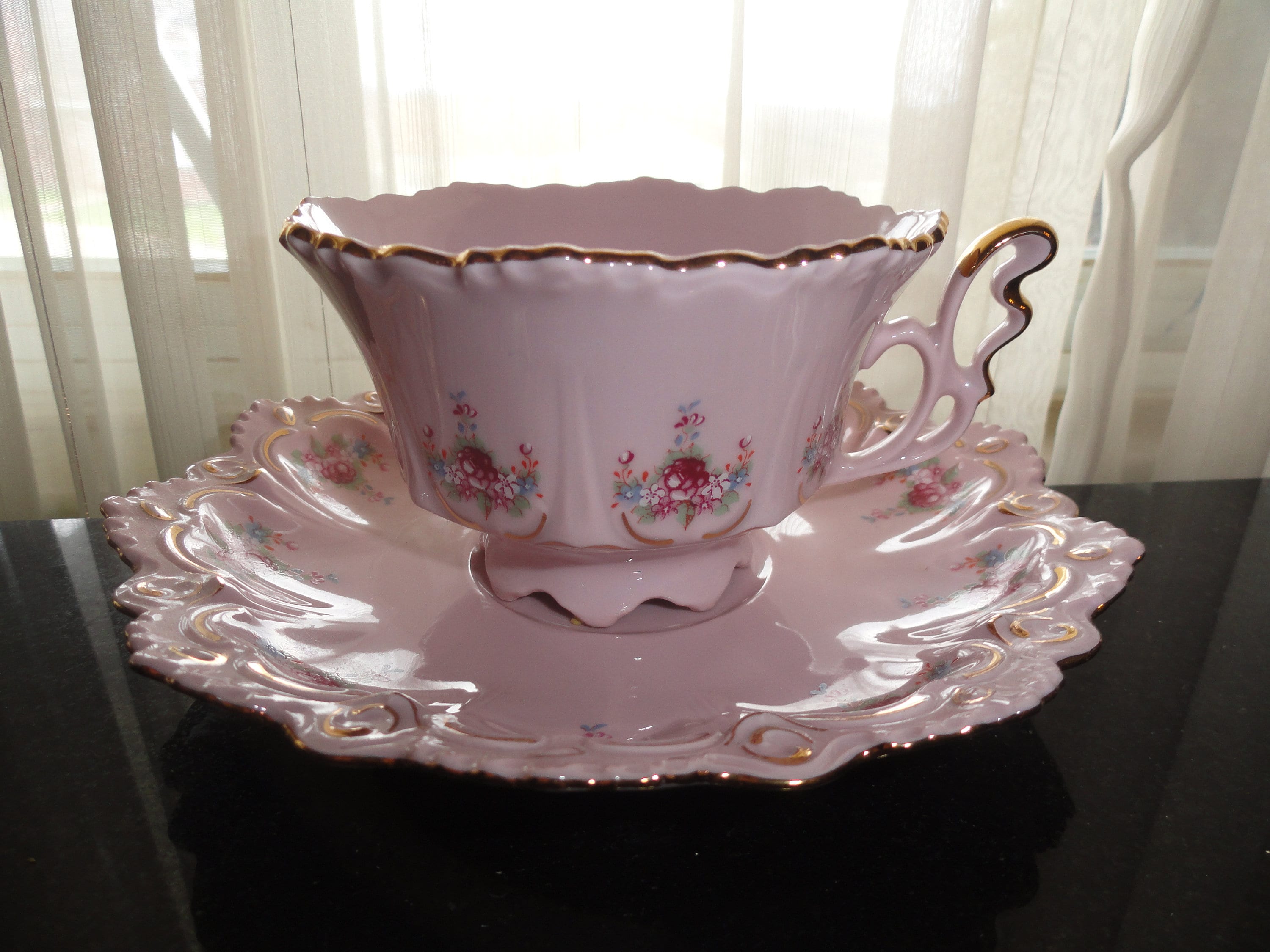 Vintage Original H & C Rosa Porzellan Czech Republic Handpainted 24 KT Gold  Trim Tea Cup and Saucer 