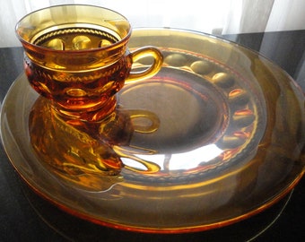 Mid Century Set of 20 Piece Amber Indiana Glass Kings Crown Thumbprint Snack or Luncheon Plates With Cups