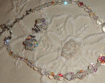 Vintage Aurora Borealis Crystal Graduated Choker Style Necklace & Clip On Earrings