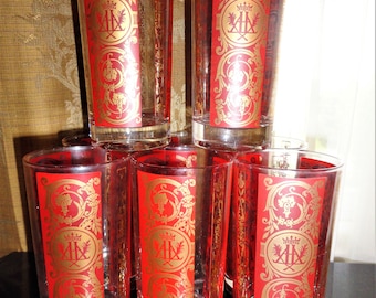 Vintage Mid Century Set of 8 Red & Gold Crown Paneled Fleur De Lis Drinking Highball Tumbler Barware Glasses