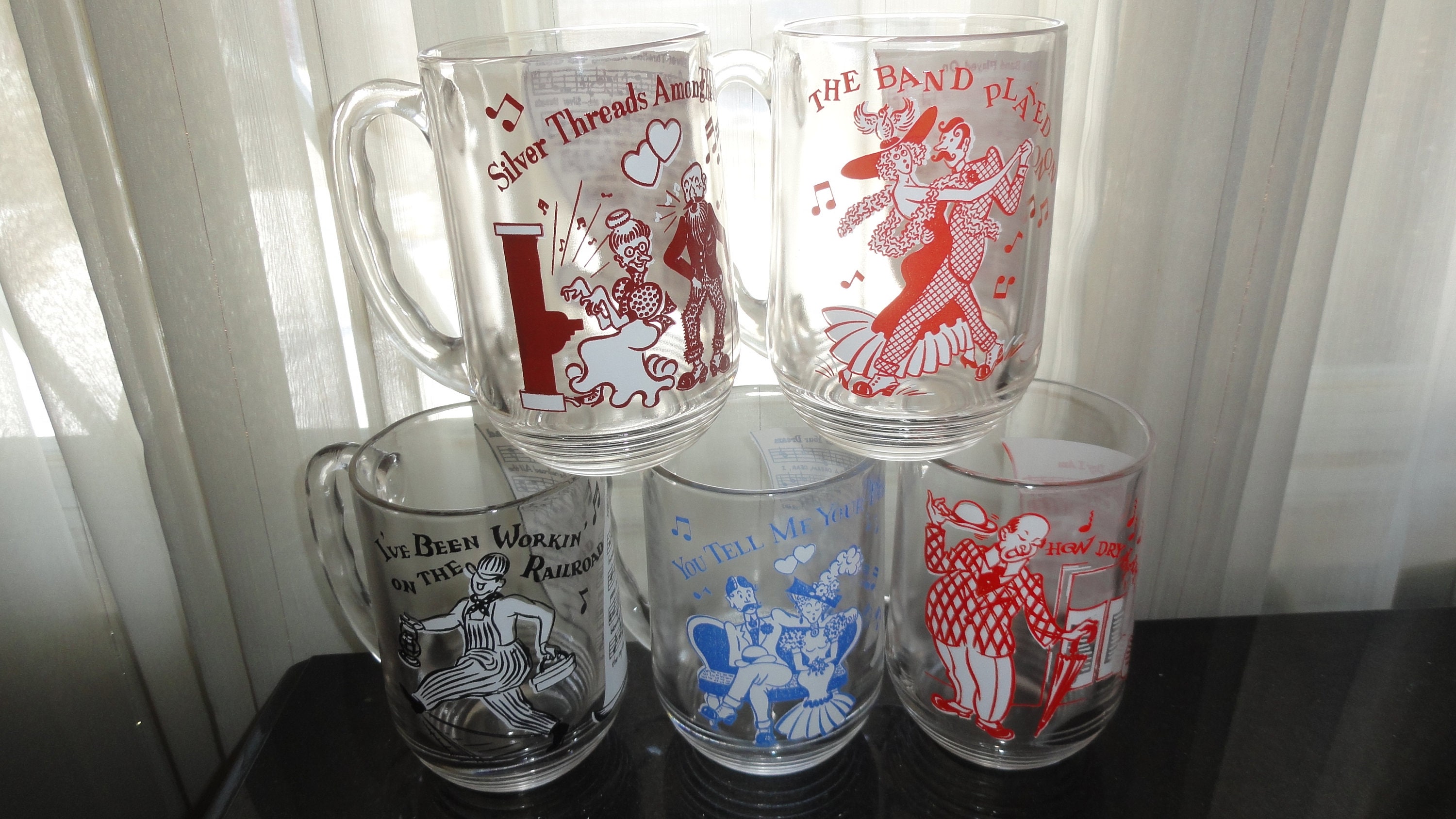 Mid Century 1950's Hazel Atlas Set of 5 Song Lyric Glass Mugs