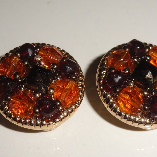 Mid Century Gold Tone Amber, Gold, & Garnet Color Faceted Beaded Spring Clip On Earrings