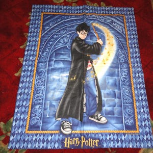 May include: A Harry Potter-themed fabric panel featuring a central illustration of Harry Potter holding a wand, with a glowing spell effect. The background is a blue brick wall design, framed by a blue and gold border. The words "Harry Potter" are at the bottom.