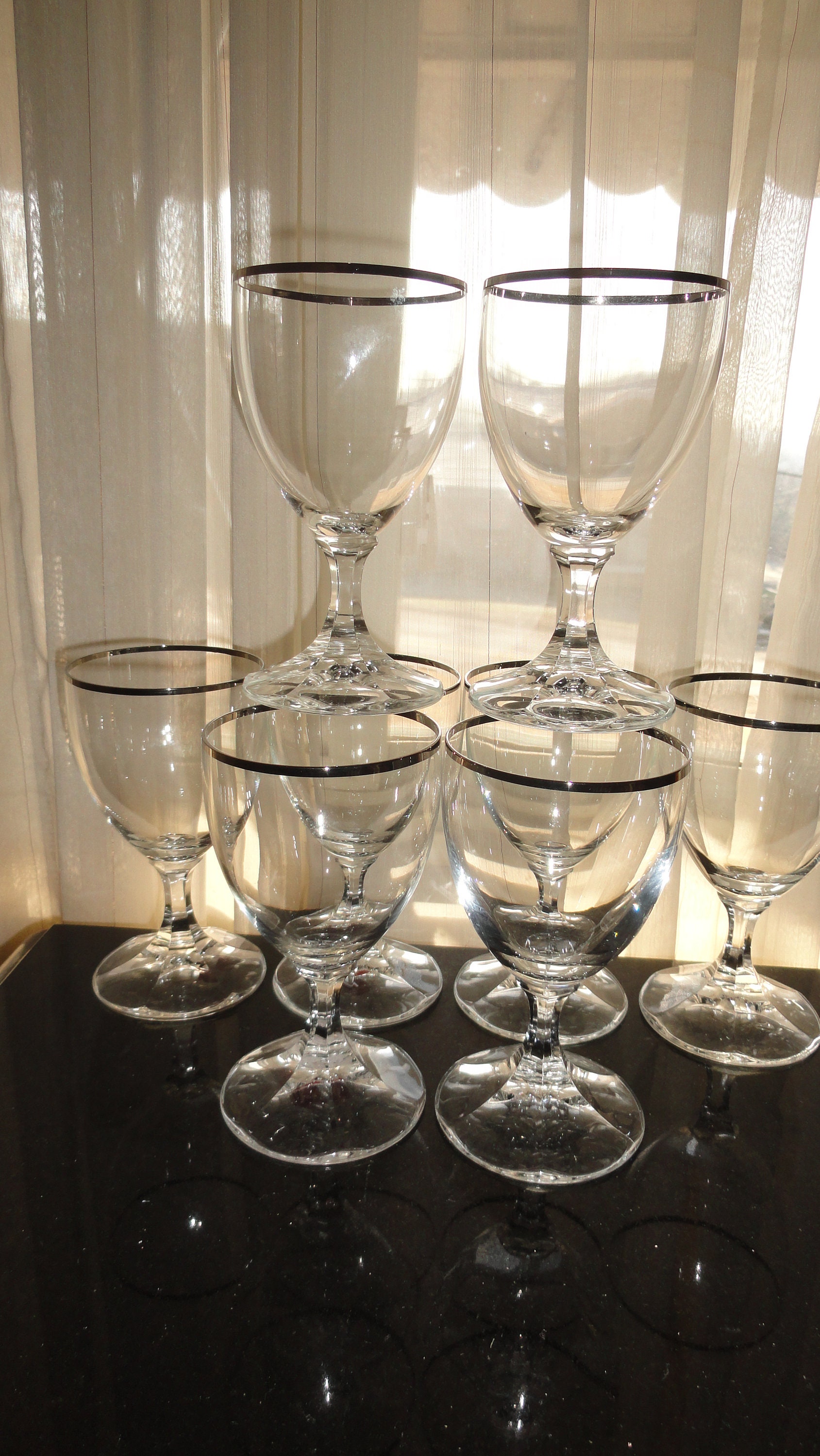 Vintage 1980's Set of 8 Crystal Stemmed Silver Platinum Rimmed