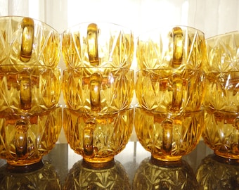 Art Deco Hazel Atlas Williamsport Prescut 5 Fluid Oz. Set of 12 Amber Glass Cups For Punch Bowl With Plastic S Hooks