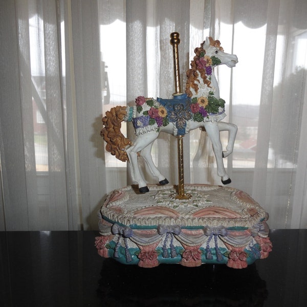 Vintage Floral Stage Carousel Brass Pole Horse Music Box