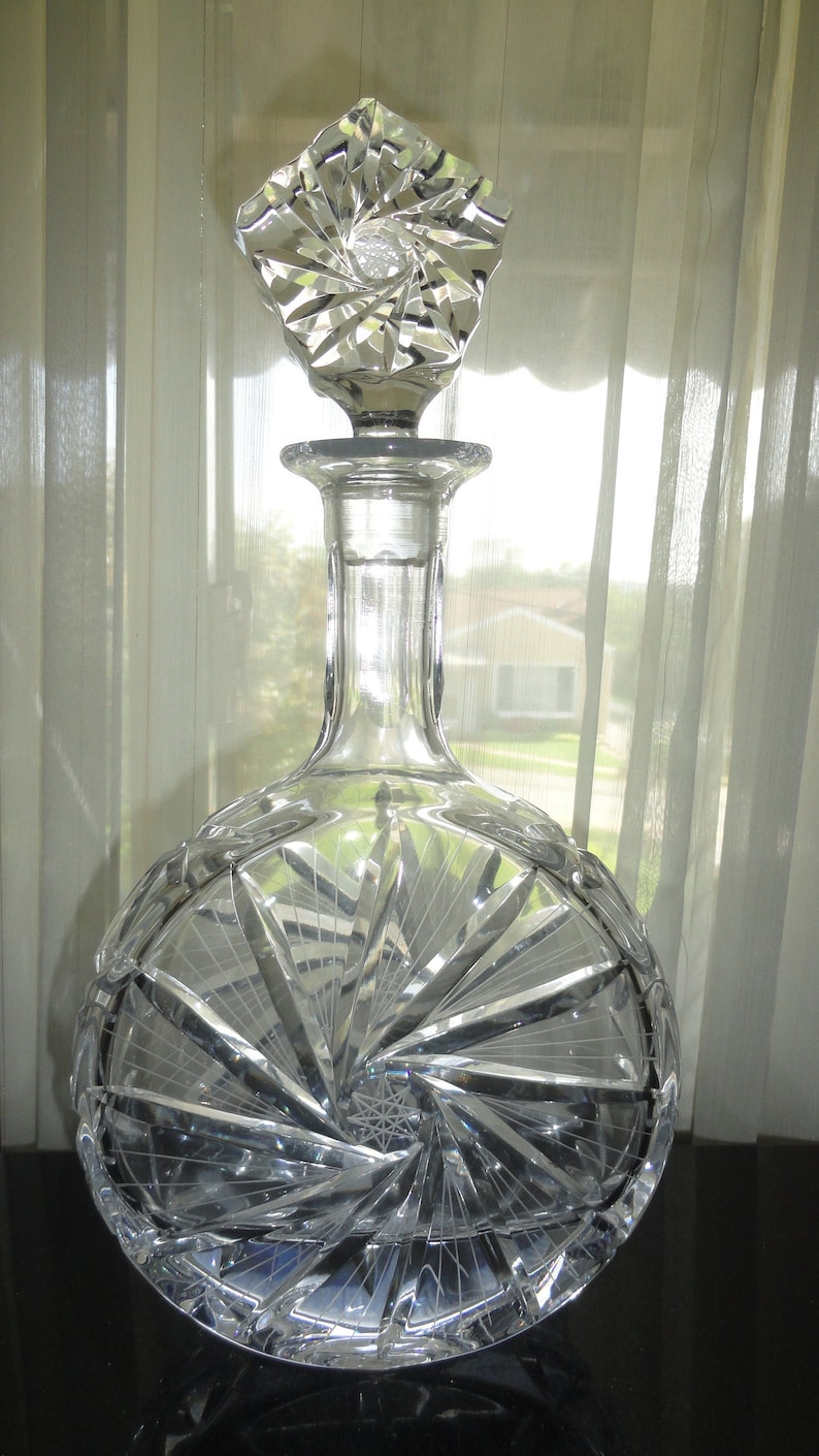 Mid Century Poland Lead Crystal Pinwheel Star of David Liquor Decanter