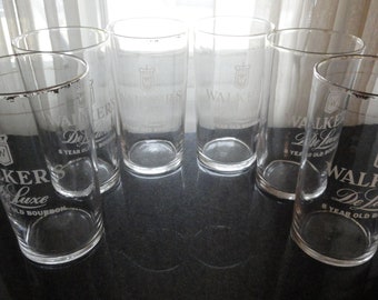 Mid Century 1960's Federal Glass Walker's De Luxe 8 Year Old Bourbon Gold Trim White Letters Set of 6 Cocktail Glasses