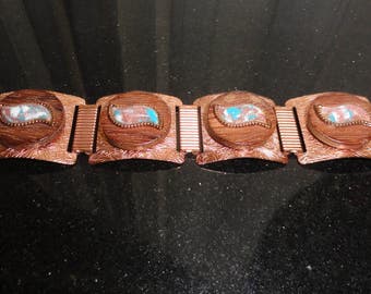 Mid Century Unsigned SELRO SELINI Copper Swirled Turquoise/Mauve/White Lucite Cabochons With Gold Glitter Confetti Wood Discs Panel Bracelet