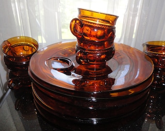 Mid Century 1950's Indiana Glass Amber Kings Crown Set of 5 Thumbprint Luncheon Snack Set Cups and Plates