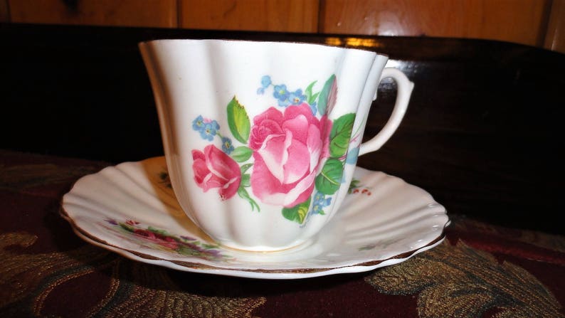 Vintage Retro Royal Stuart Spencer Stevenson England Floral Bone China Tea Cup & Saucer image 1
