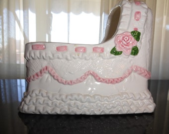 Mid Century 1960's Ceramic White with Pink Floral, Ribbons, and Ruffled Design Bassinette Planter Vase