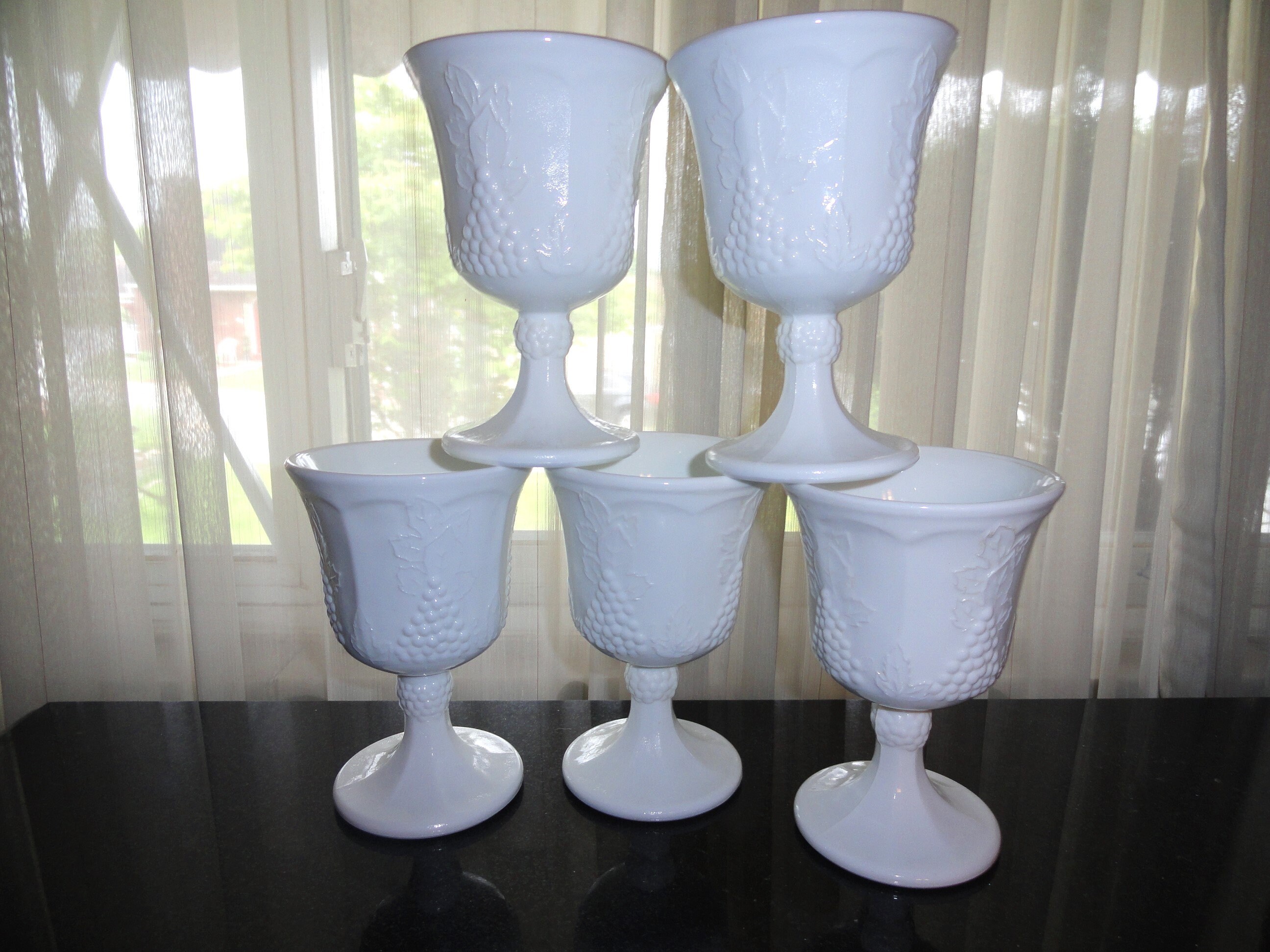 Set of 8 Colony Harvest Grape Glasses plus Salt and Pepper set Vintage milk glass set of 8 White Goblets harvest grape Indiana glass company main image 1