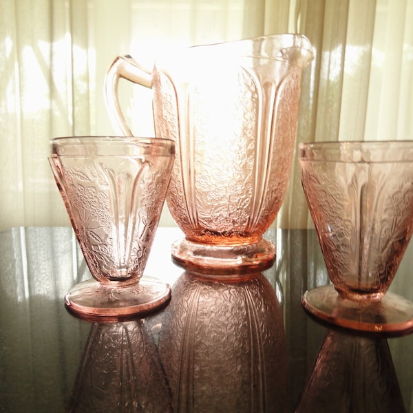 Art Deco 1930's Jeanette Pink Depression Cherry Blossom Pitcher with 2 Matching Footed Cups