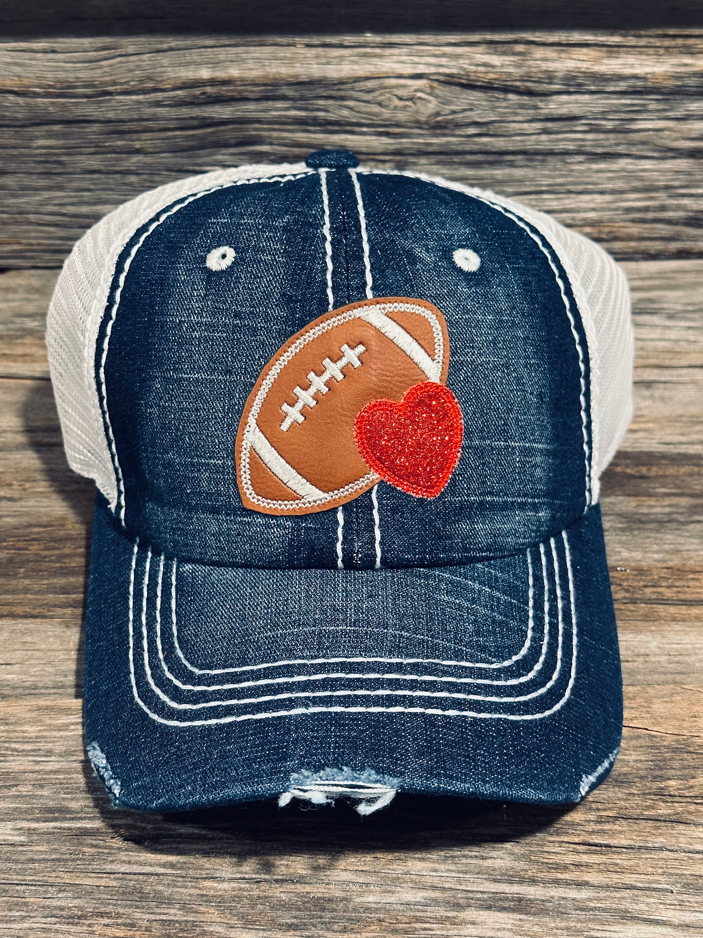 Denim Leather Patch Football Hat With Glitter Heart - Etsy display picture 2