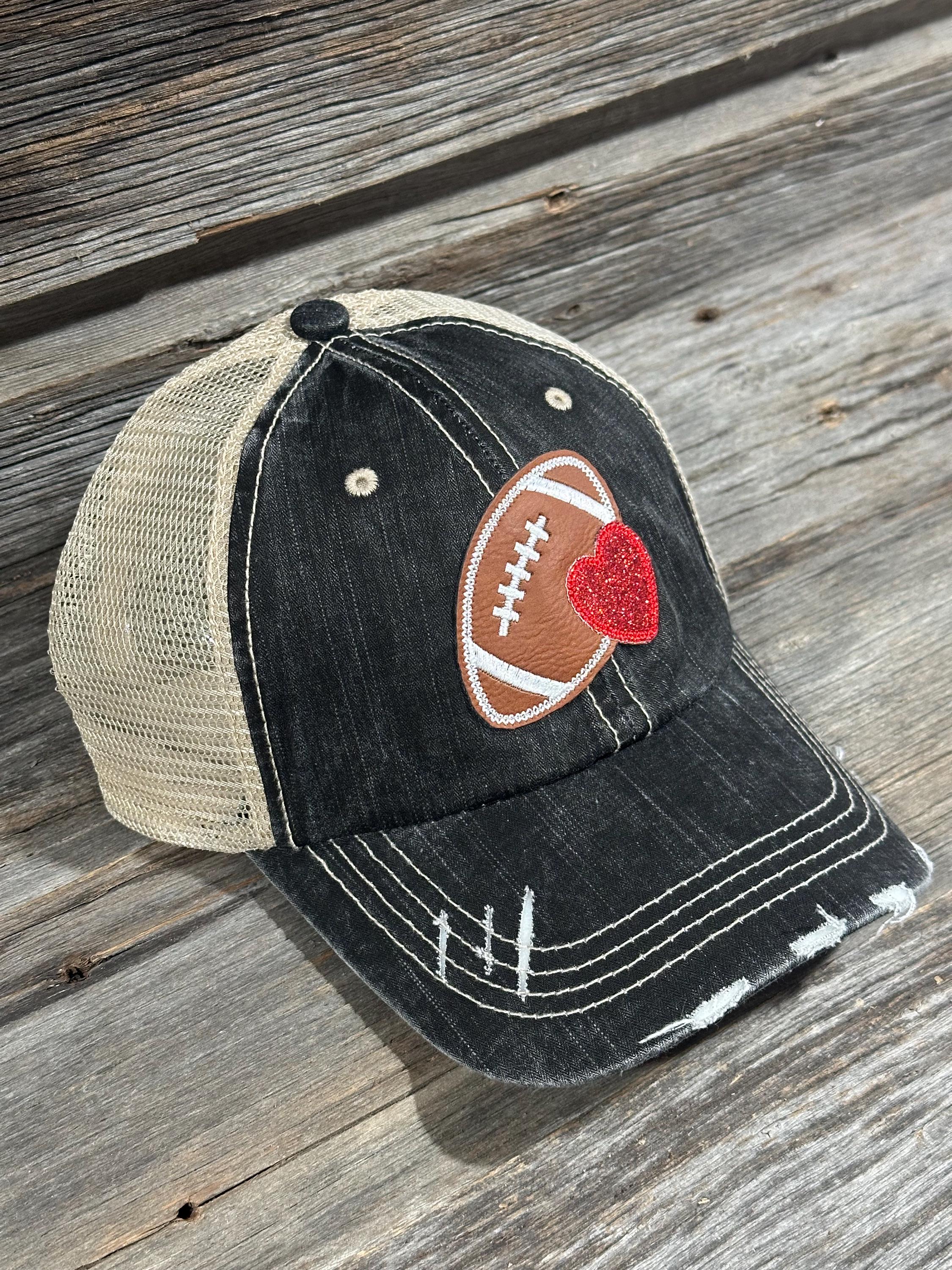 New Custom Designed Tan Distressed Bas Cap w/ Brown Glitter Football Heart Custom Bling Distressed Tan Trucker Hat With Gold Star and  main image 2