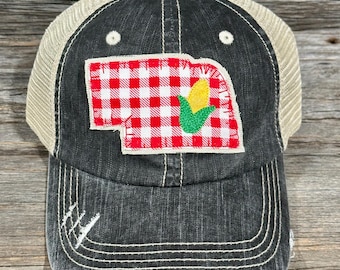 Nebraska State Hat - Red Checkers w/ Corn
