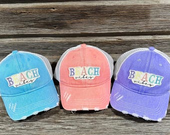 Beach Vibes Embroidered Ponytail Hat