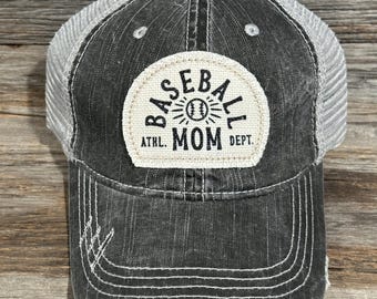Baseball Mom Ponytail Hat Distressed Gray