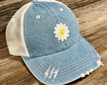 Embroidered Daisy Denim & White Distressed Hat