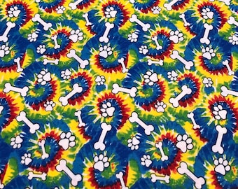 Tie DyE Paw print by the yard Fabric 100% Cotton for Clothing, Crafts, Quilting bty 1/4 fat quarter 1/2 3/4 animal dog bones hippie colorful