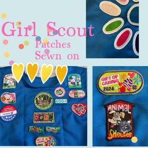 Puede incluir: Un chaleco azul de Girl Scout con varios parches cosidos. Los parches incluyen una variedad de temas, como refugio de animales, ventas de galletas y servicio comunitario. El texto "Girl Scout Patches Sewn On" está escrito en letras rosas sobre un fondo azul claro.