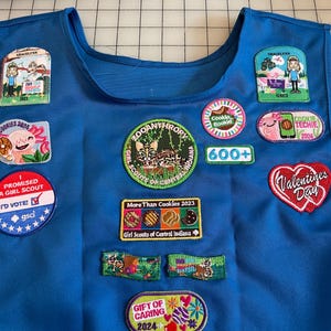 May include: A blue Girl Scout vest with various patches, including "I Promised a Girl Scout", "Cookies 2024", "Zooanthropy", "More Than Cookies 2023", "Gift of Caring 2024", "Valentines Day", "Cookie Rookie", "Cookie Techie 2024", and "600+".