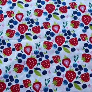 Strawberry and Blueberry Fabric by the yard 100% Cotton for Clothing, Crafts, Quilting bty fruit summer image 1