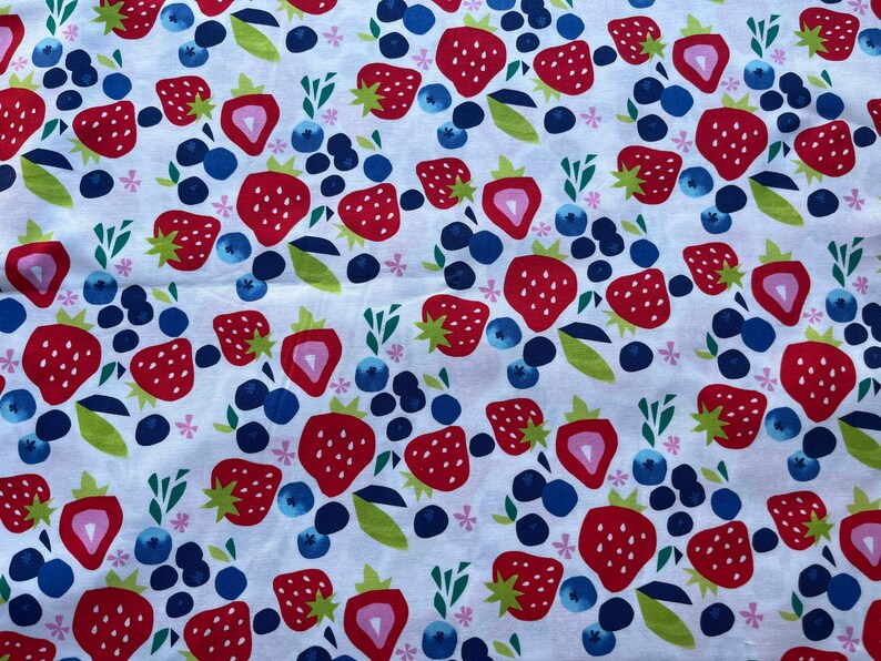 Strawberry and Blueberry Fabric by the yard 100% Cotton for Clothing, Crafts, Quilting bty fruit summer image 1