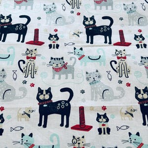 Cat Fabric by the yard 100% Cotton for Clothing, Crafts Quilting white background create it yarn fish paw prints