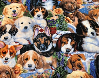 May include: A colorful fabric featuring a variety of adorable puppies in different poses. The puppies are surrounded by flowers and greenery, creating a cheerful and playful scene.