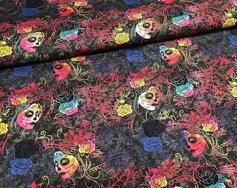 Sugar Skull Fabric by the yard 100% Cotton 1/4 fat quarter 1/2 3/4 Clothing Crafts Quilt lady skulls black flowers colorful floral roses web