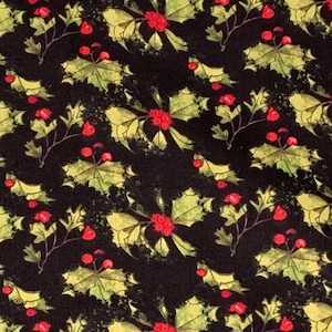 Holly Fabric fat quarter 100% Cotton for Clothing Crafts Quilting fq Christmas berries leaves black red green