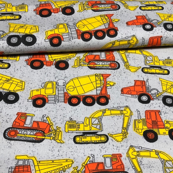 Construction Trucks Fabric by the yard 100% Cotton for Clothing, Crafts, Quilting trucks dump truck plow equipment tow