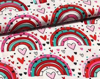 Hearts Fabric by the Yard 100% Cotton Clothing Crafts Quilts bty fat quarter white with hearts rainbows white background