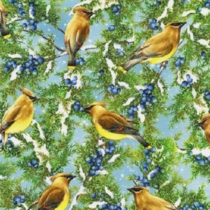 May include: A repeating pattern of birds with yellow bellies and brown wings perched on green branches with blue berries and white snow-like accents against a light blue background. The birds are in various poses.