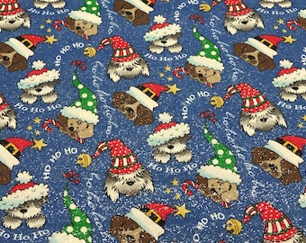 Christmas Dog fabric by the Yard 100% Cotton for Clothing Crafts Quilting plaid hats snow glitter polka dot Santa hat stripes