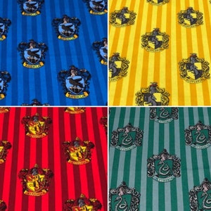 May include: Four different fabric swatches with a striped background and Hogwarts house crests. The crests are Gryffindor, Slytherin, Hufflepuff, and Ravenclaw. The fabric is red and gold, green and silver, yellow and black, and blue and bronze.