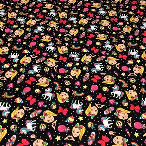 JoJo Rainbow Emoji Fabric by the yard 100% Cotton for Clothing Crafts Quilt girls fun rainbow hearts bows unicorn dog